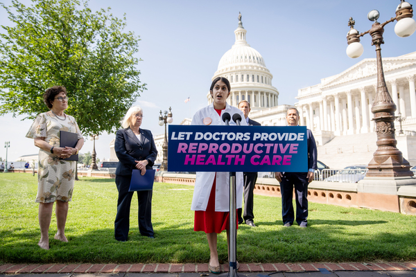 From left: Sen. Jacky Rosen (D-NV) and Sen. Patty Murray (D-OR) look on as Dr. Nisha Verma of Physicians for Reproductive Health speaks about reproductive rights at a news conference outside the U.S. Capitol in Washington, August, 2022.