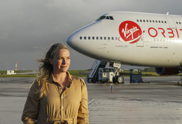 Melissa Thorpe, head of Spaceport Cornwall, in front of Cosmic Girl.