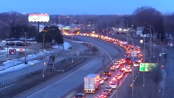 Traffic is backed up along a freeway