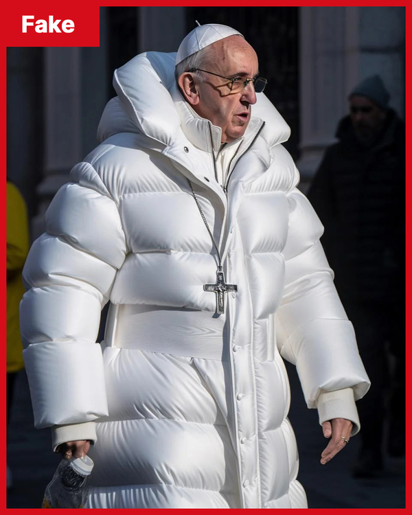 AI-generated image: a fake image of the Pope wearing a white puffer jacket.
