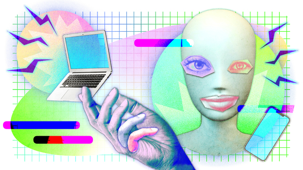 Collage: a hand with two extra fingers gestures upwards to a computer. A face floats to the right, with different eyes and a mouth spliced on.