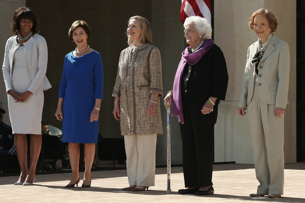 Then-first lady Michelle Obama and former first ladies Laura Bush, Hillary Clinton, Barbara Bush and Rosalynn Carter attend the opening ceremony of the George W. Bush Presidential Center on April 25, 2013, in Dallas.