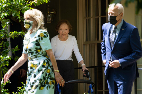 Rosalynn Carter walks President Biden and first lady Jill Biden out after they visited former President Jimmy Carter in April 2021 in Plains, Ga.