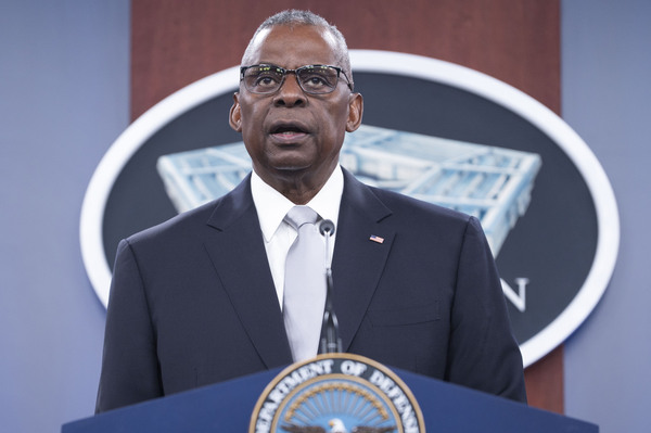 Defense Secretary Lloyd Austin speaks during a Pentagon press briefing at the Pentagon on Feb. 1 in Washington.