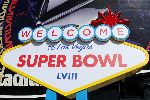 Super Bowl LVIII signage is seen outside of Allegiant Stadium on in Las Vegas on Feb. 7.