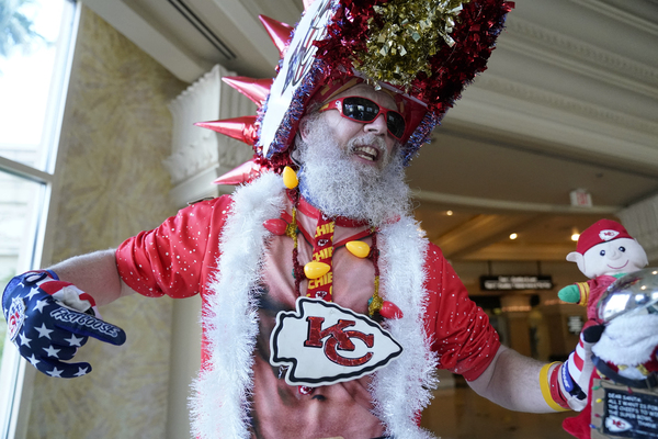 Kansas City Chiefs fan Don Lobmeyer, of Wichita, Kansas poses for pictures ahead of Super Bowl LVIII at Allegiant Stadium in Las Vegas, Nevada on February 9, 2024.