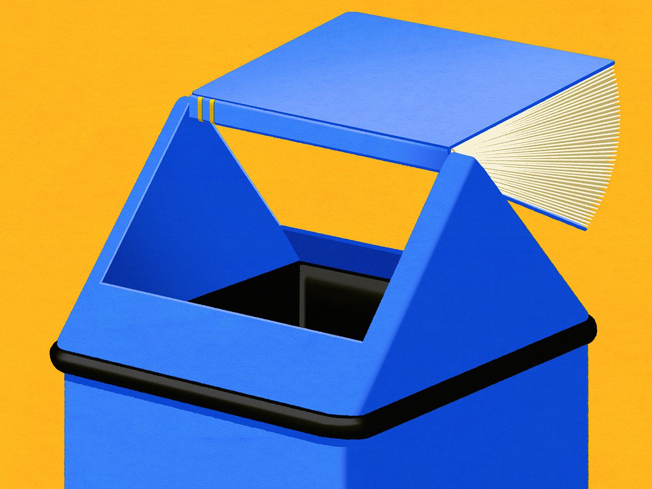 An illustration of a blue garbage can stands against a yellow background. The flip lid of the garbage can is swinging to the right, and we can see that it’s a book.
