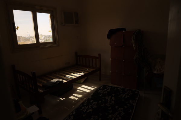 A bedroom with bullet holes through the window in Khartoum, Sudan, on April 18, 2023.