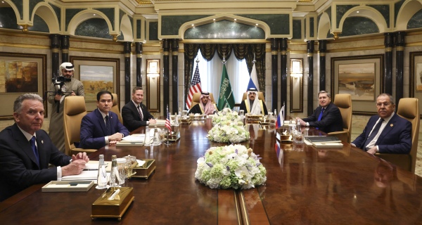 (L to R) U.S. Middle East envoy Steve Witkoff, Secretary of State Marco Rubio, National Security Advisor Mike Waltz, Saudi Arabia's Foreign Minister Prince Faisal bin Farhan al-Saud, National Security Advisor Mosaad bin Mohammad al-Aiban, the Russian president's foreign policy advisor Yuri Ushakov, and Russia's Foreign Minister Sergei Lavrov attend a meeting in Saudi Arabia on Tuesday. Not invited: anyone from Ukraine.