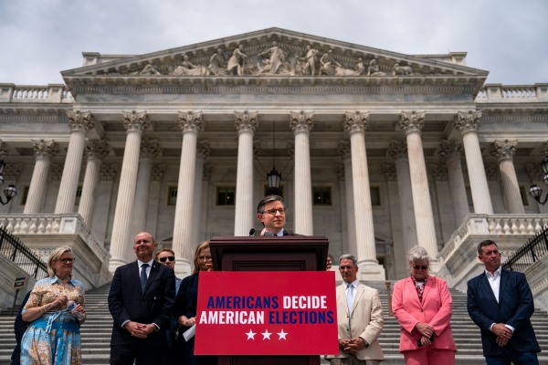 House Speaker Mike Johnson, R-La., speaks during a May 2024 news conference on the steps of the U.S. Capitol as Republicans introduced the SAVE Act.