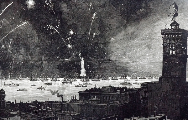 An engraving depicting the fireworks display at the inauguration of the Statue of Liberty. 