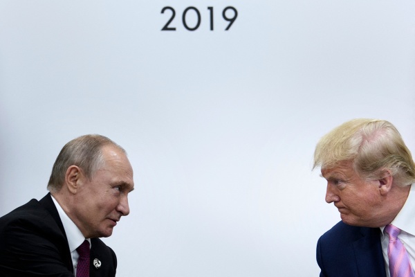 President Trump meets with Russian President Vladimir Putin during the G20 summit in Osaka, Japan, on June 28, 2019. The two men spoke Tuesday on matters including a ceasefire in the Ukraine war.