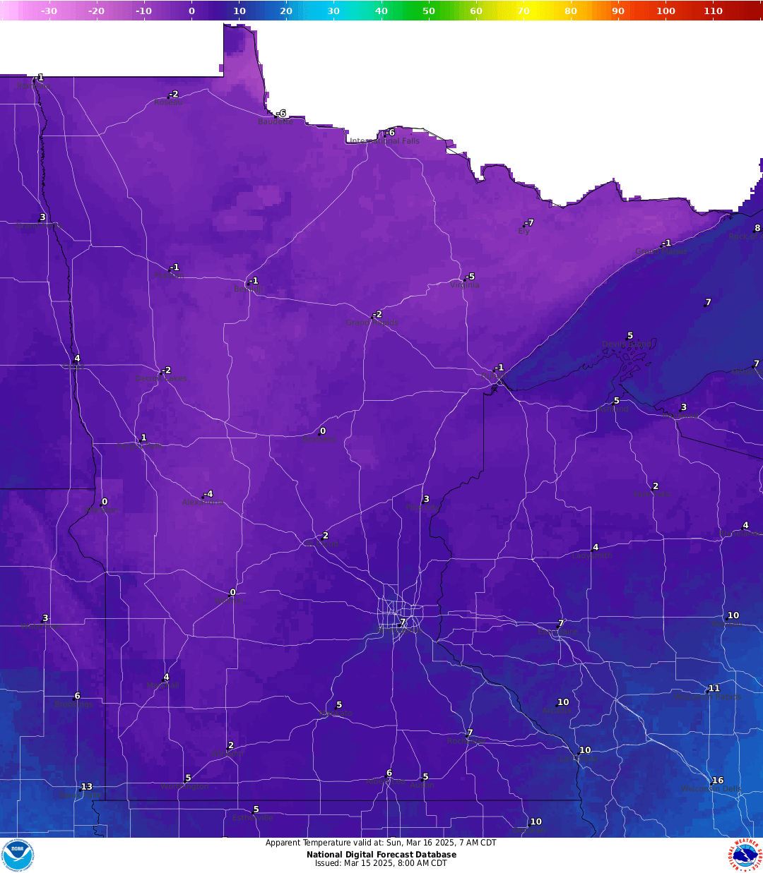 Wind chill forecast for Sunday morning