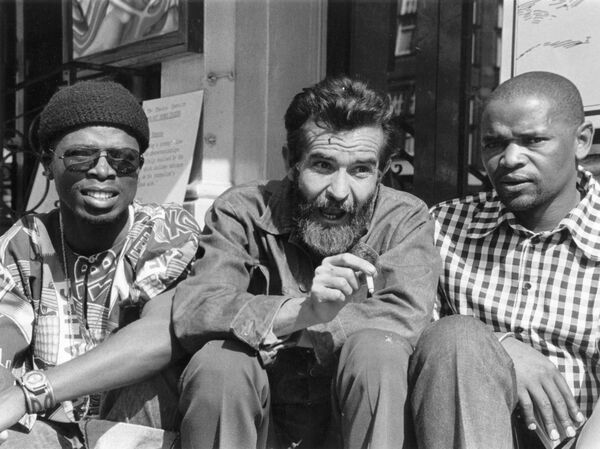 South African playwright Athol Fugard with actors John Kani (left) and Winston Ntshona at a 1973 production of Sizwe Bansi Is Dead in London.