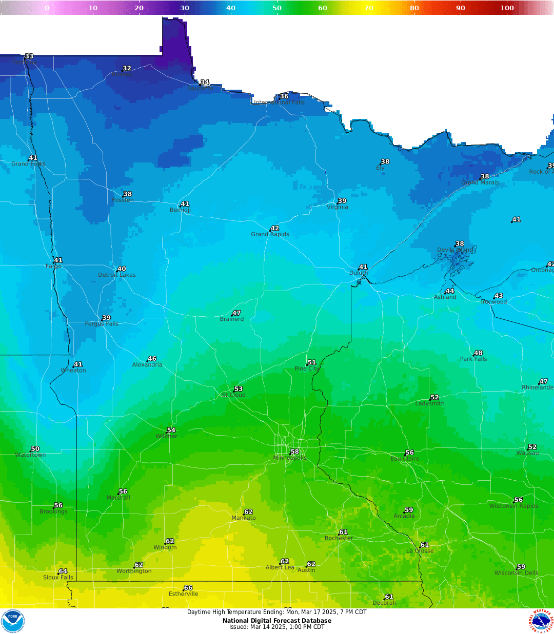 Forecast high temperatures Monday