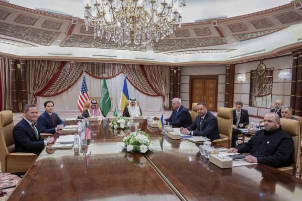 U.S. national security adviser Mike Waltz and Secretary of State Marco Rubio sit down with Saudi and Ukrainian officials in Jeddah, Saudi Arabia, Tuesday.