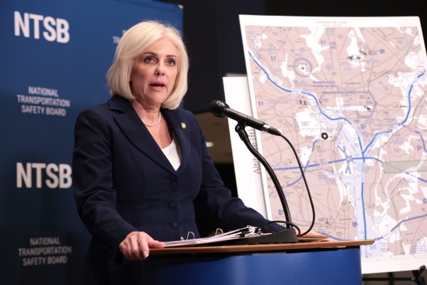 The chair of the National Transportation Safety Board, Jennifer Homendy, speaks during a news conference at the headquarters of NTSB on Tuesday in Washington, DC. The NTSB released a report urging the FAA to take immediate action on the safety recommendations concerning the potential for midair collisions near Ronald Reagan Washington National Airport.