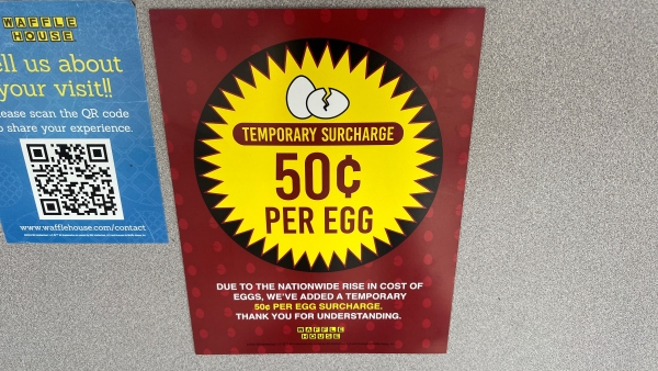 A notice in a Waffle House restaurant announces a "temporary surcharge" of 50 cents per egg. The rectangular notice has a brick-red background and features a yellow circle whose border has yellow spikes. Text at the center of the circle and below it explains the surcharge.