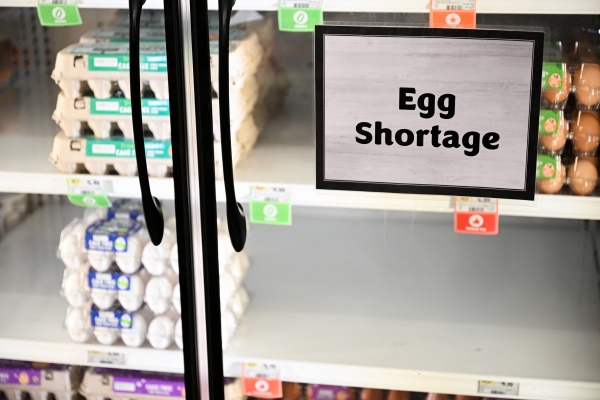 This photo shows a close-up of a refrigerator at a grocery store. The refrigerator has glass doors, and a sign on one of the doors says: "Egg Shortage." The shelves behind the doors have cases of eggs, though some portions of the shelves are empty.