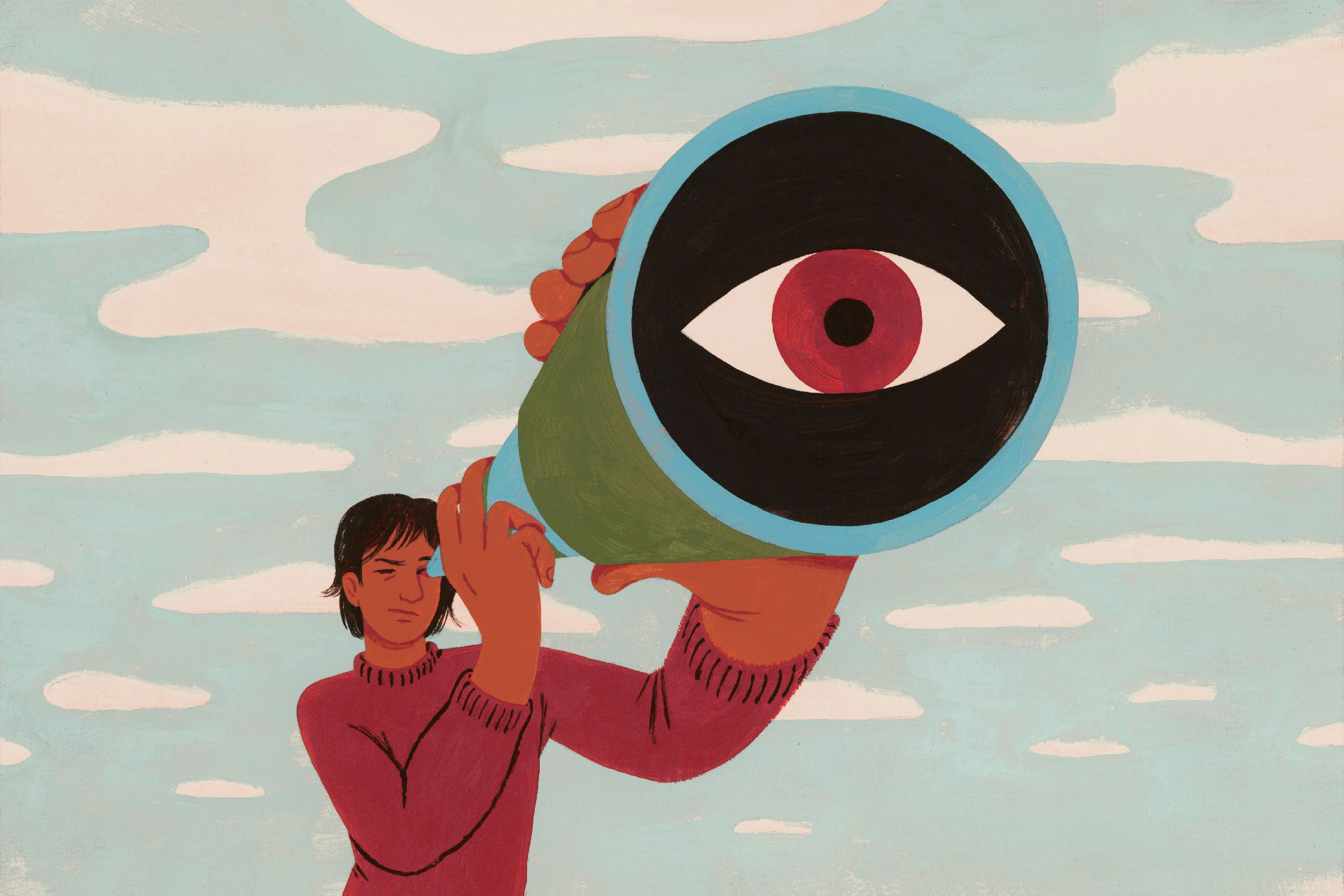 an illustration of a young woman wearing a red sweater looking through a telescope. An eyeball is seen in the lens. Behind her is an endless sky spotted with clouds