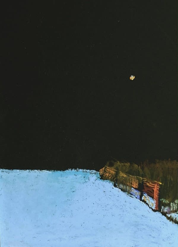 A painting with a star in a black sky