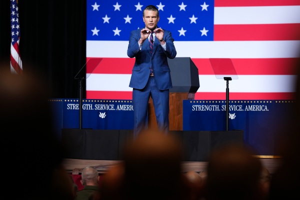 Pete Hegseth speaks to senior military leaders at Marine Corps Base Quantico on Sept. 30, 2025 in Quantico, Va. In his remarks, Hegseth told admirals and generals that women must meet the “highest male standard.”