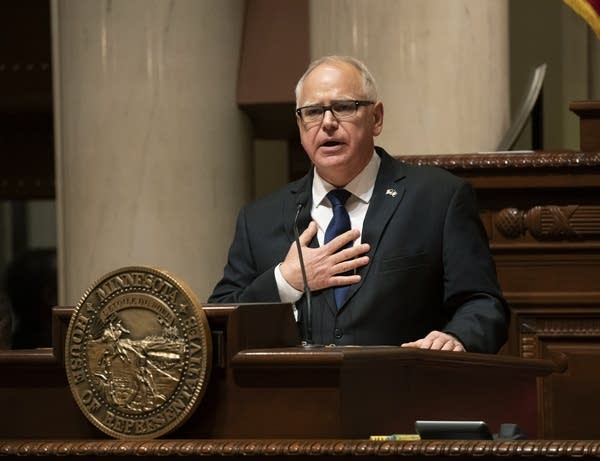 Gov. Tim Walz speaks during his State of the State address. 