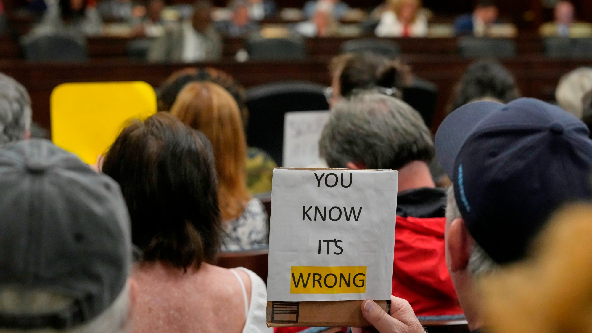 A person holds a sign in a House meeting that reads "YOU KNOW IT'S WRONG"