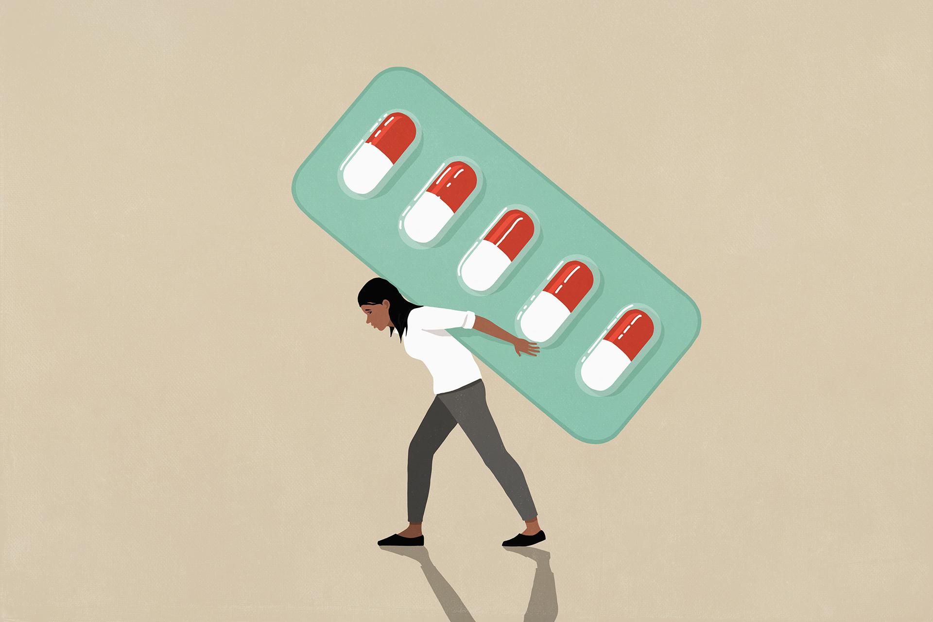 an illustration of a woman holding a giant pack of pills, which is clearly weighing her down