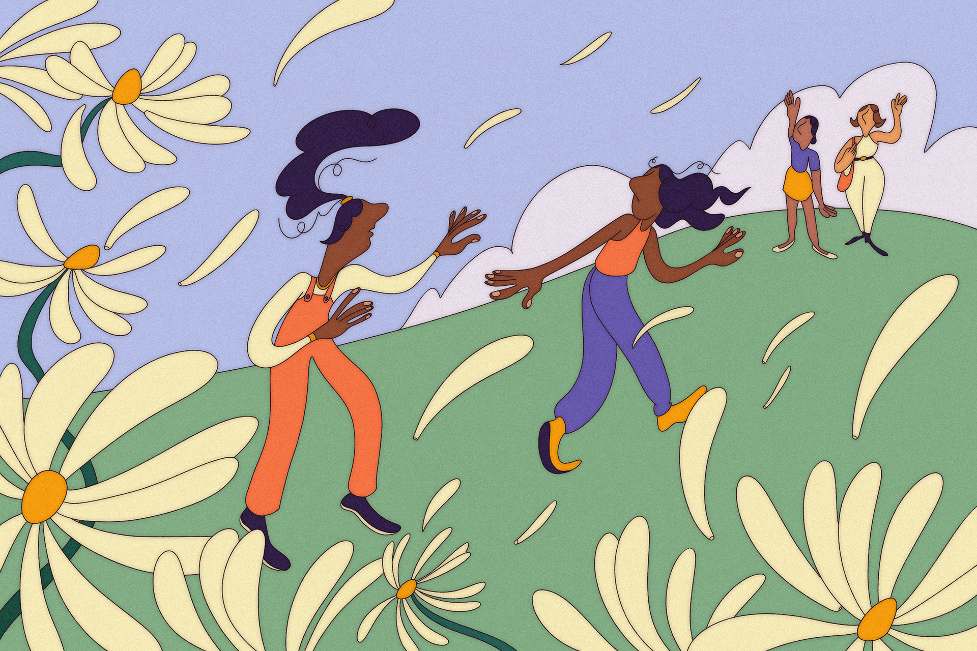 an illustration of twins separating to go in different directions. Petals from flowers in the foreground are flying in the wind