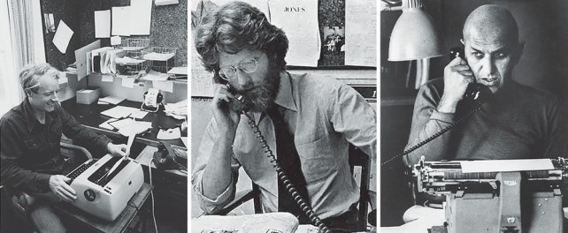 A triptych of three black-and-white photographs showing individuals working in an office setting. In the left photo, a person with short hair smiles while typing on a typewriter at a desk with papers and a rotary phone. In the center photo, a person with glasses and a full beard speaks into a corded telephone receiver. In the right photo, a bald person looks forward with a focused expression while holding a telephone receiver, sitting behind a typewriter.