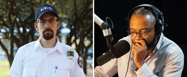 Two color photographs shown side by side. On the left, a man with glasses, a goatee, a blue baseball cap with the letters "CCA," and a white short-sleeved uniform shirt looks directly at the camera with a neutral expression. On the right, a man with glasses, a beard, and headphones sits in a dimly lit studio environment, holding a hand to his mouth in front of a large studio microphone.