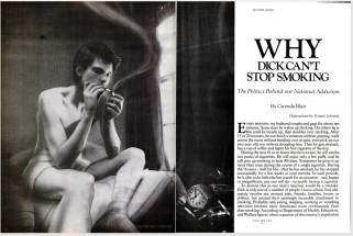 Spread of a magazine showing a drawing of a man sitting on a bed, smoking a cigarette, beside the headline "Why Dick can't stop smoking."