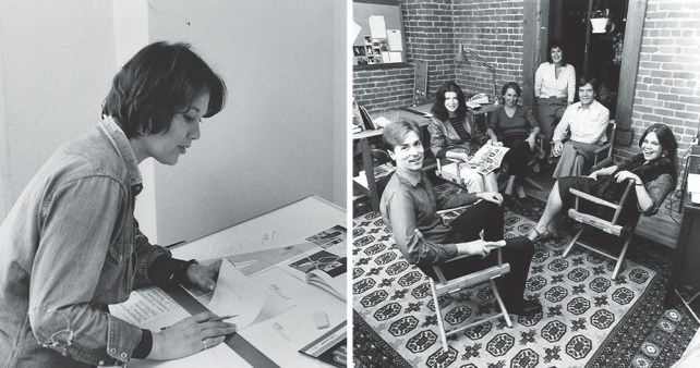 Two black-and-white photographs displayed side by side. On the left, a woman with short hair wearing a denim jacket leans over a drafting table, holding a pencil in one hand and adjusting a piece of paper on the surface. On the right, six people gather in an office space with exposed brick walls and a patterned area rug. Five are seated in director's chairs, while one person stands near a doorway in the background. They are smiling and looking toward the camera.