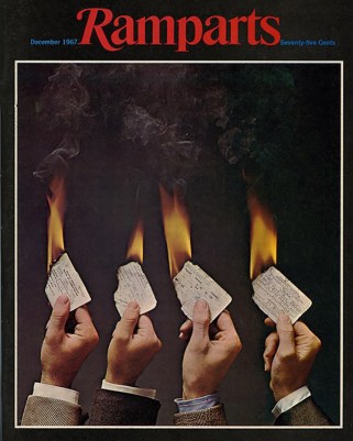 Cover of Ramparts magazine showing four men's hands holding burning draft cards.