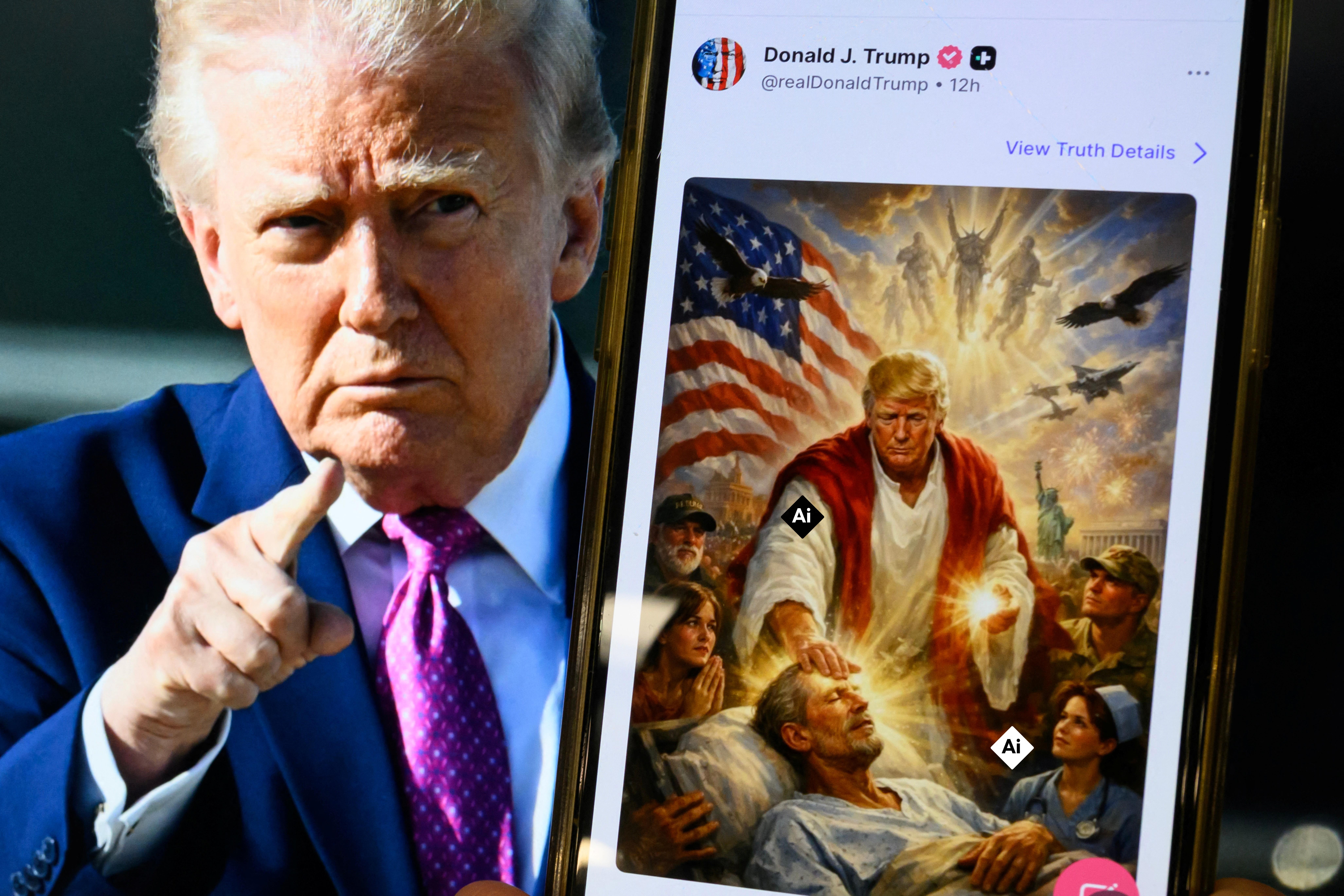 Left: Trump pointing. Right: the image showing Trump clothed in robes and emanating light from his hands, healing people, with angels and an American flag behind him