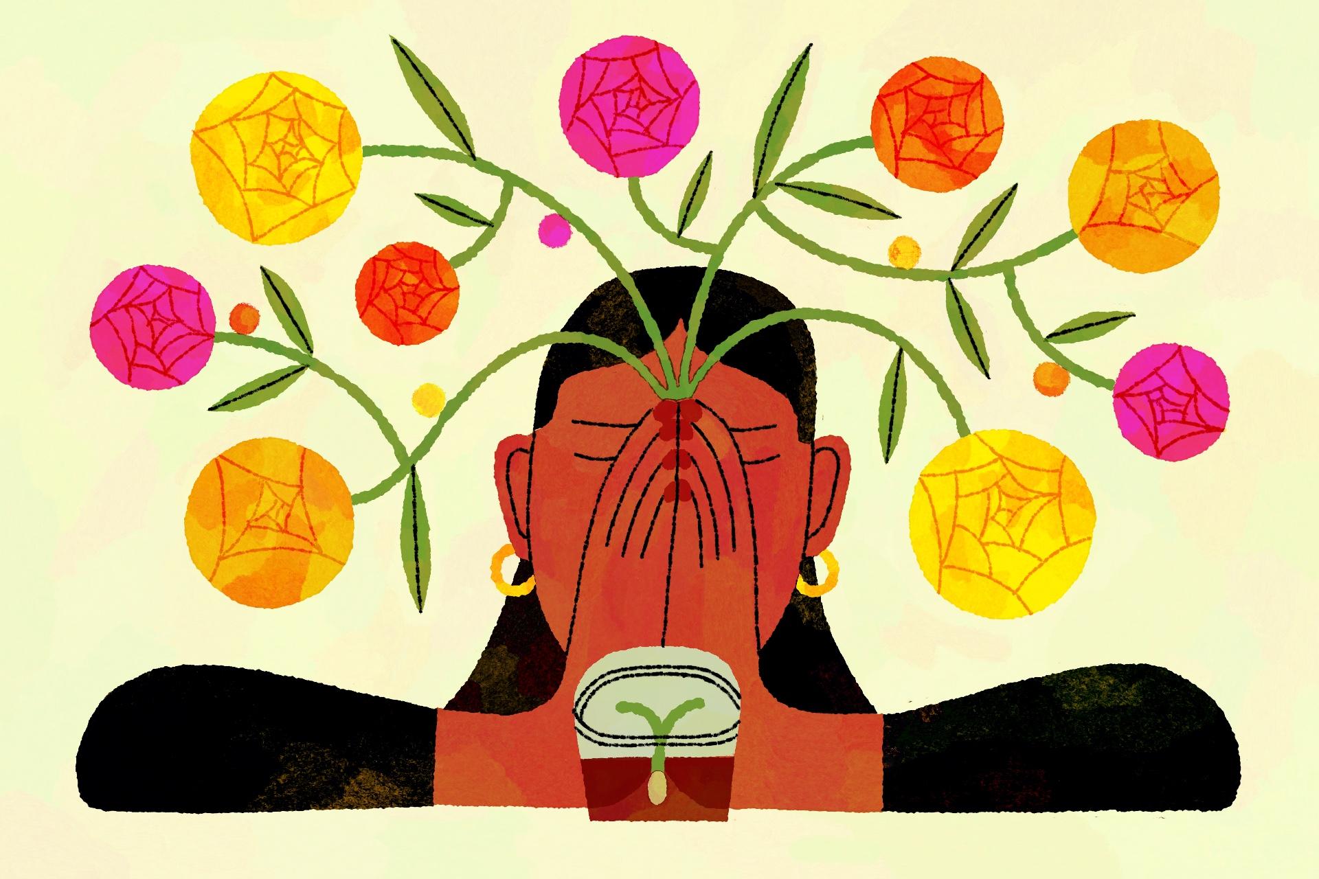 an illustration of a woman with her hands in a prayer position and her eyes closed. A bouquet of brightly-colored flowers grows out from her hands. A small sprout sits in front of her.