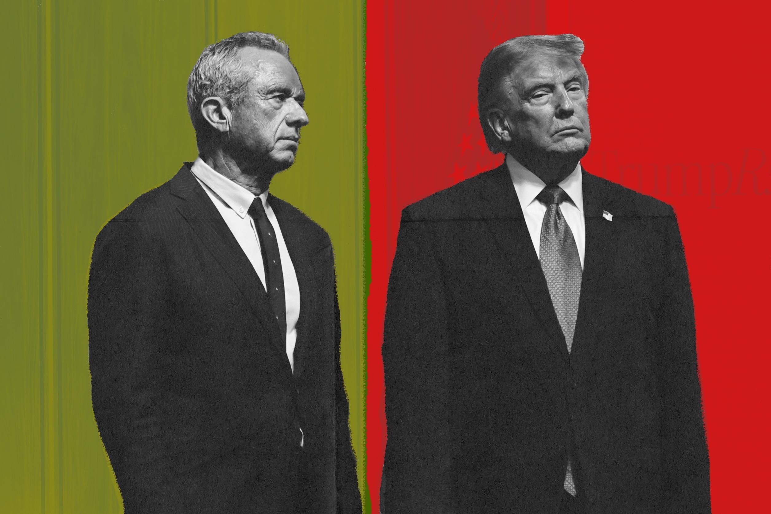 Robert F. Kennedy standing next to Donald Trump, both with serious expressions on their faces. The background is split between green and red behind them.