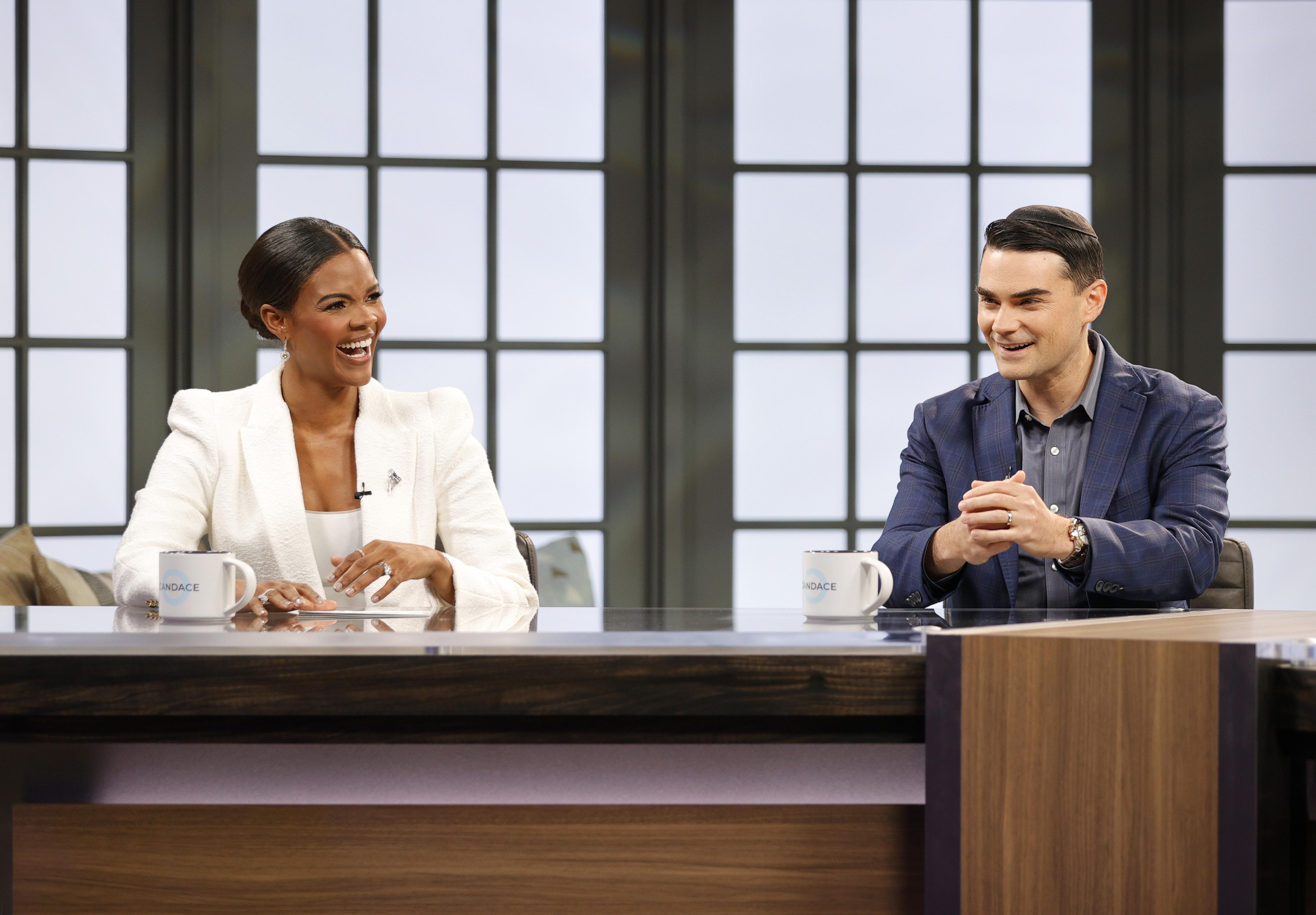 Candace Owens and American commentator Ben Shapiro on set during a taping of her show