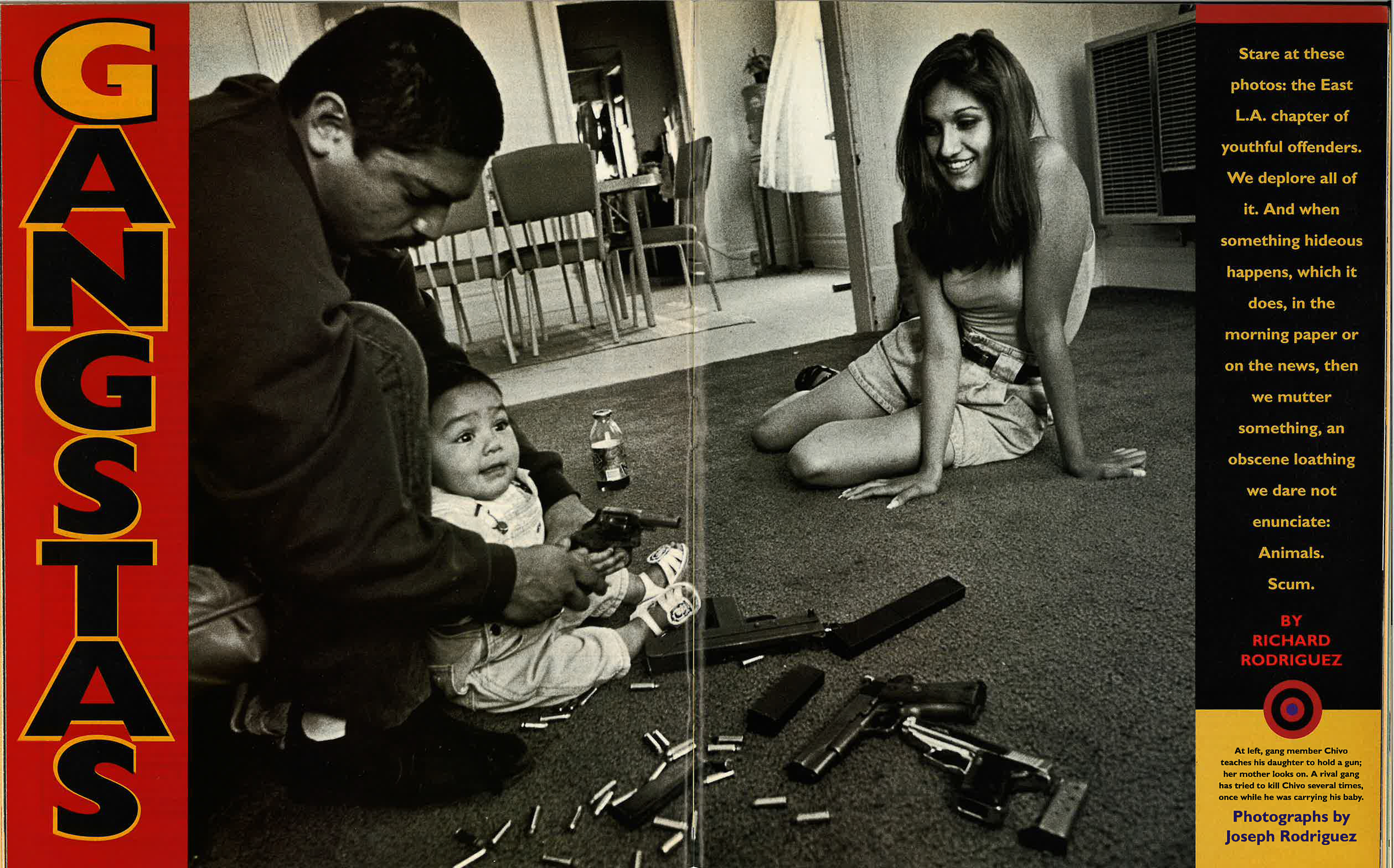 A Mother Jones magazine cover featuring the black-and-white image of the family with guns in their living room, with a stylized red, black, and yellow headline that says "Gangstas."