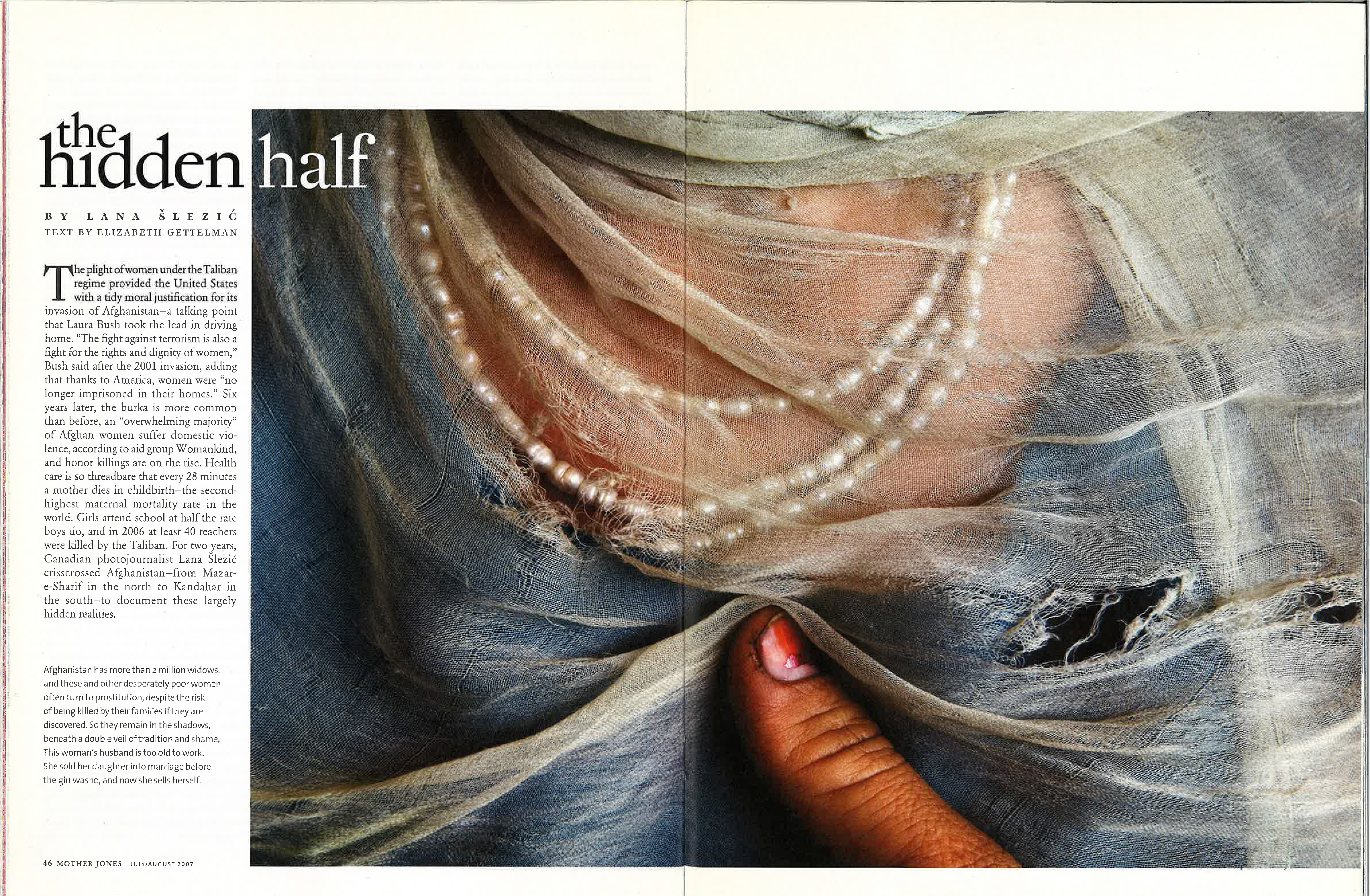 A Mother Jones magazine spread wi the headline "The Hidden Half" and a large close-up of a woman's chest. A torn, gauzy veil covers her chest, which obscures a triple string of pearls and a blue top. The thumb of one hand, with chipped nail polish, is visible at the bottom of the frame.
