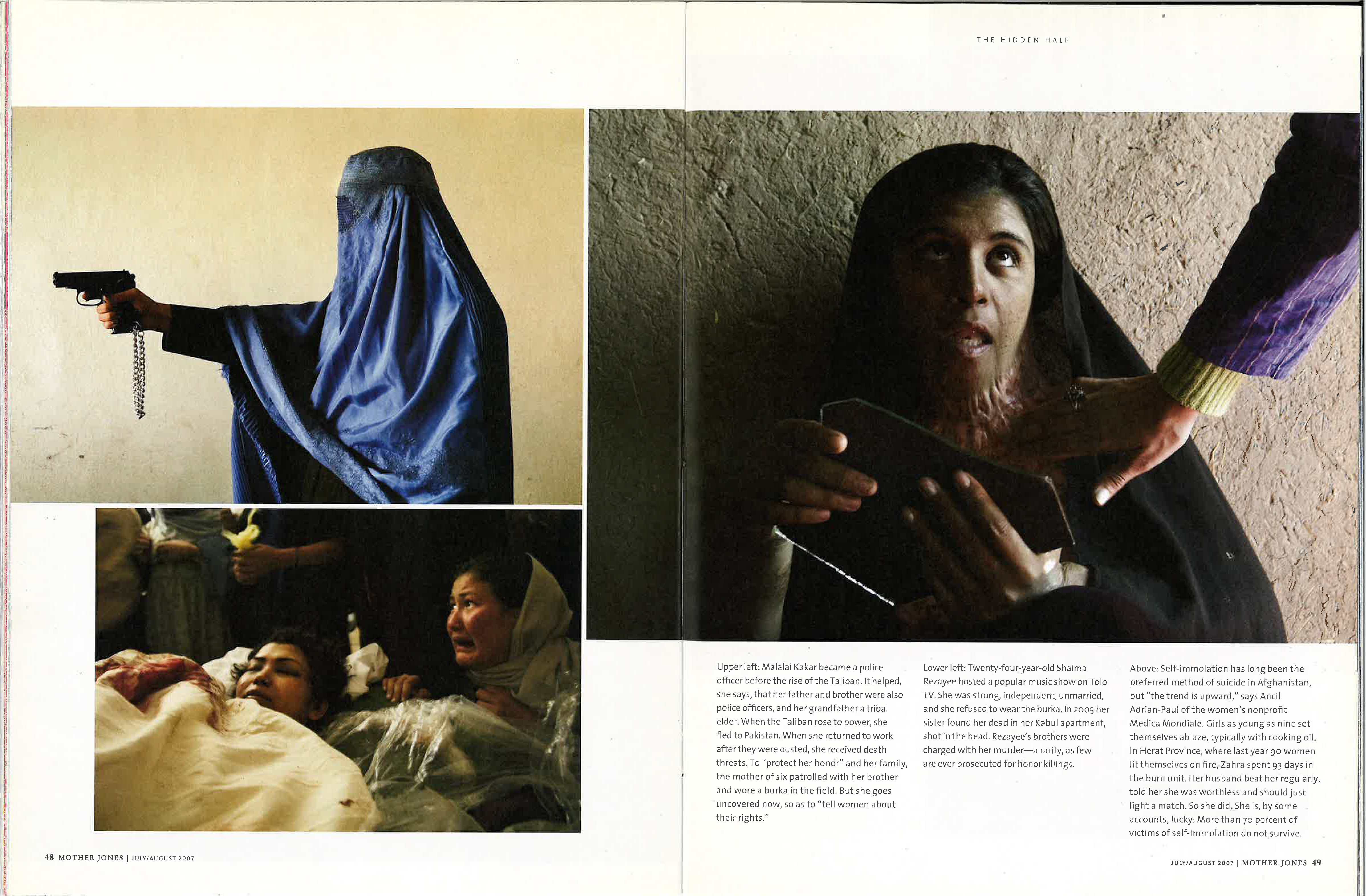 Another spread from "The Hidden Half" features three photos, including one of a fully veiled woman pointing a gun.