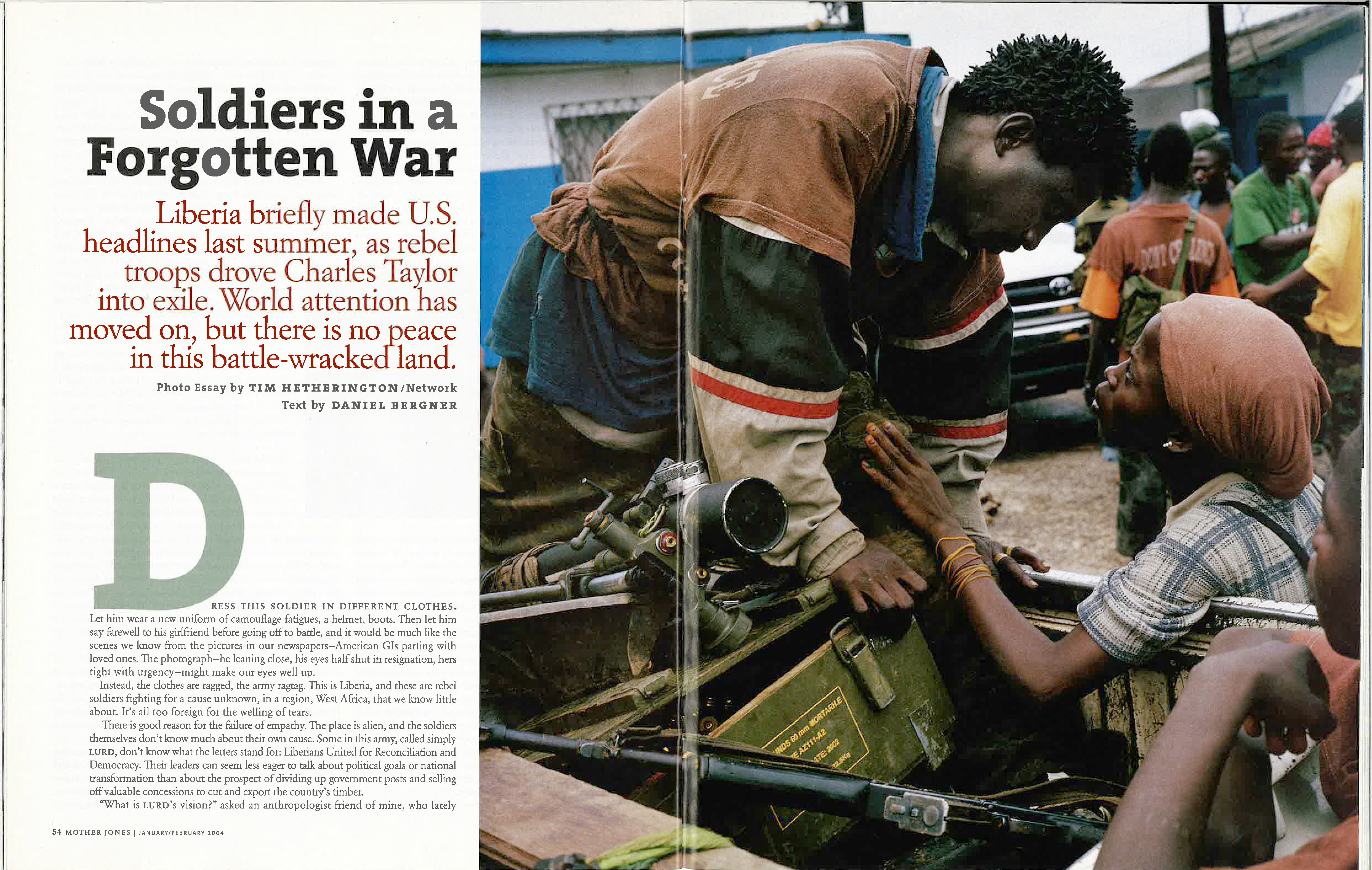A Mother Jones magazine spread with the headline "Soldiers in a Forgotten War" and a photo of a young man and woman gazing lovingly at each other.