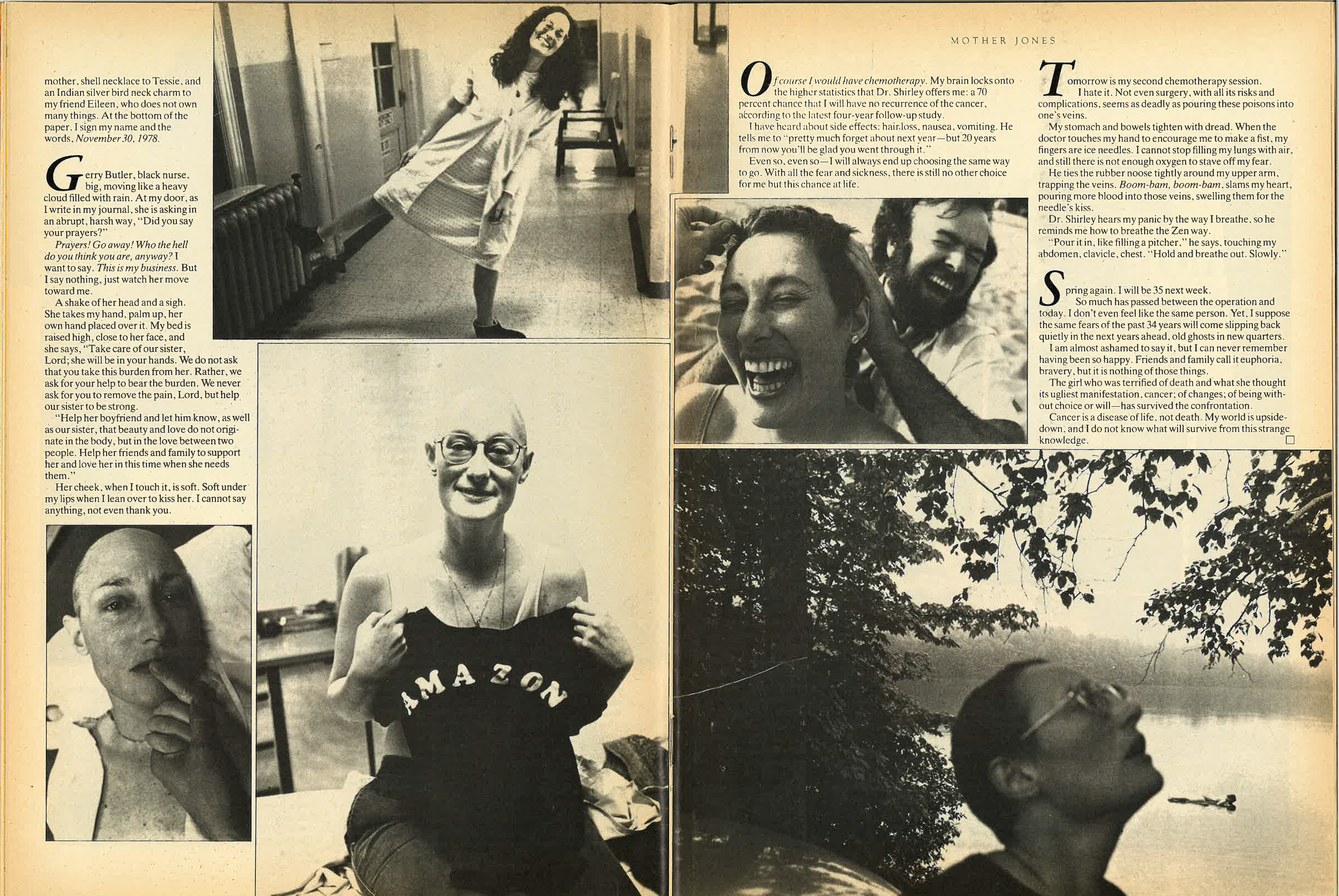 A spread of five black-and-white photos from a Mother Jones article by Dorothea Lynch about her breast cancer journey. The length of her hair varies among the photos, and she is bald in two of them.