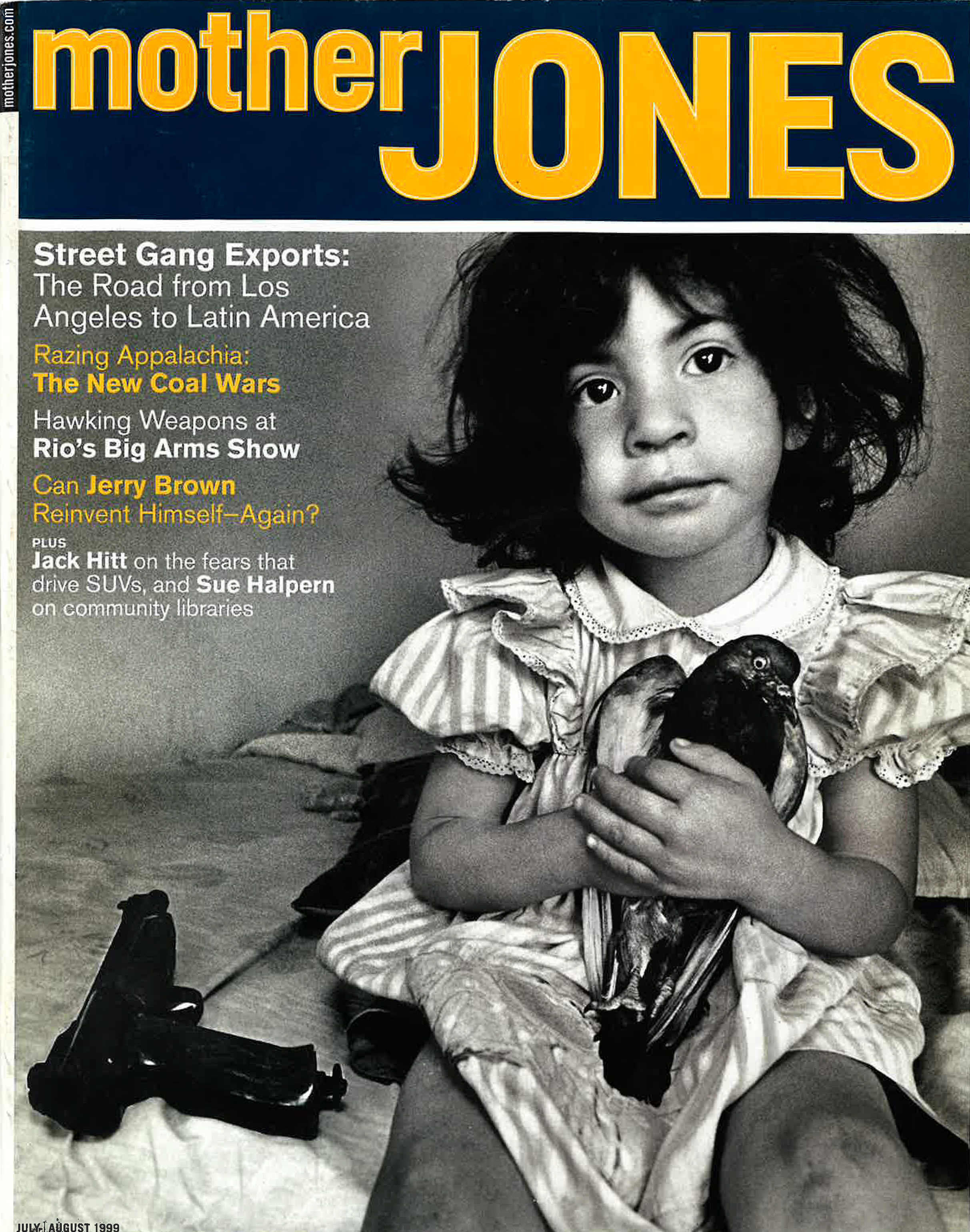 A Mother Jones cover featuring a photo of a young girl seated on a mattress beside a handgun.