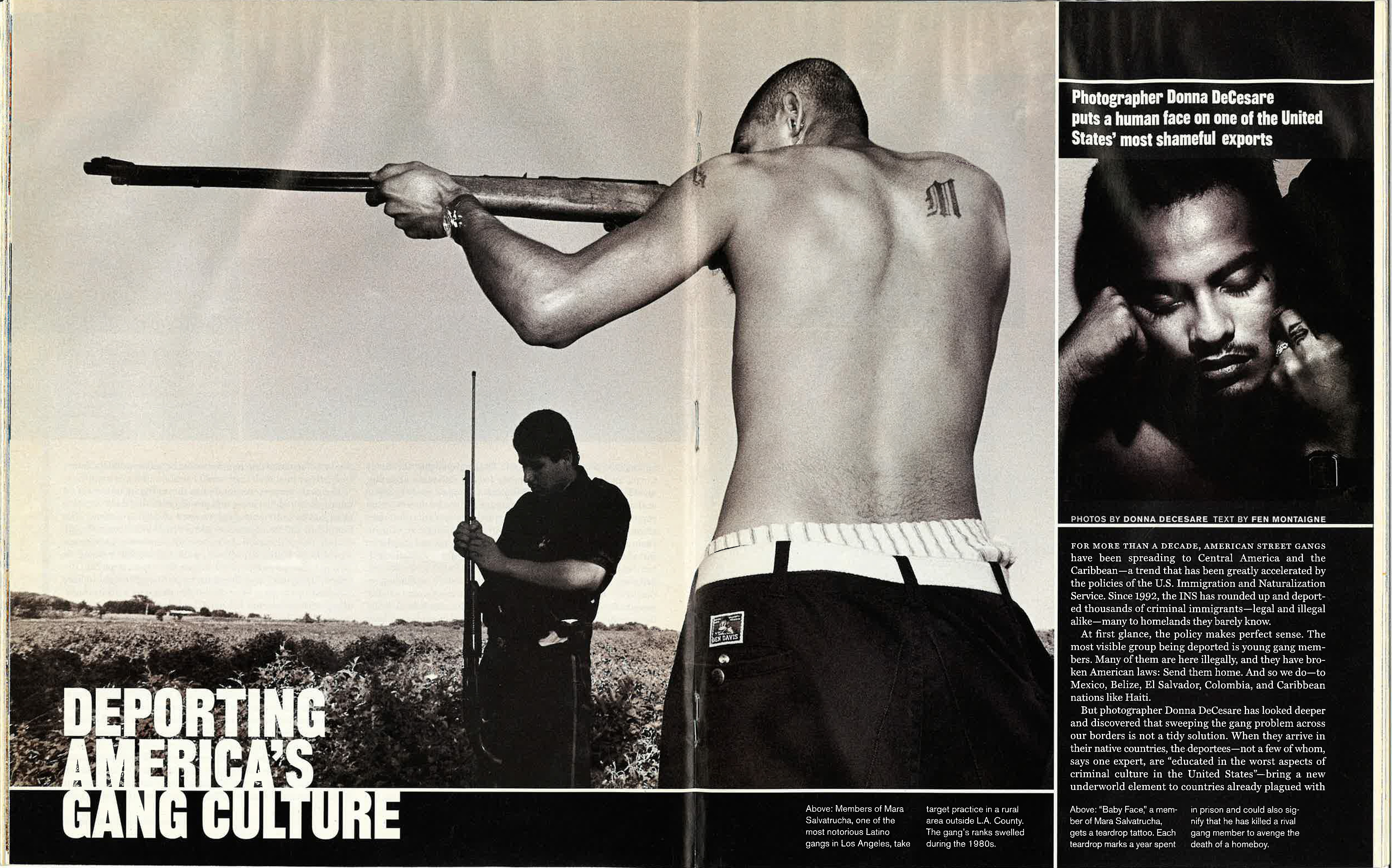 A Mother Jones magazine spread with the headline "Deporting America's Gang Culture," with a large black-and-white photo of a shirtless man pointing a rifle. The band of his boxers are visible above his low, belted pants.