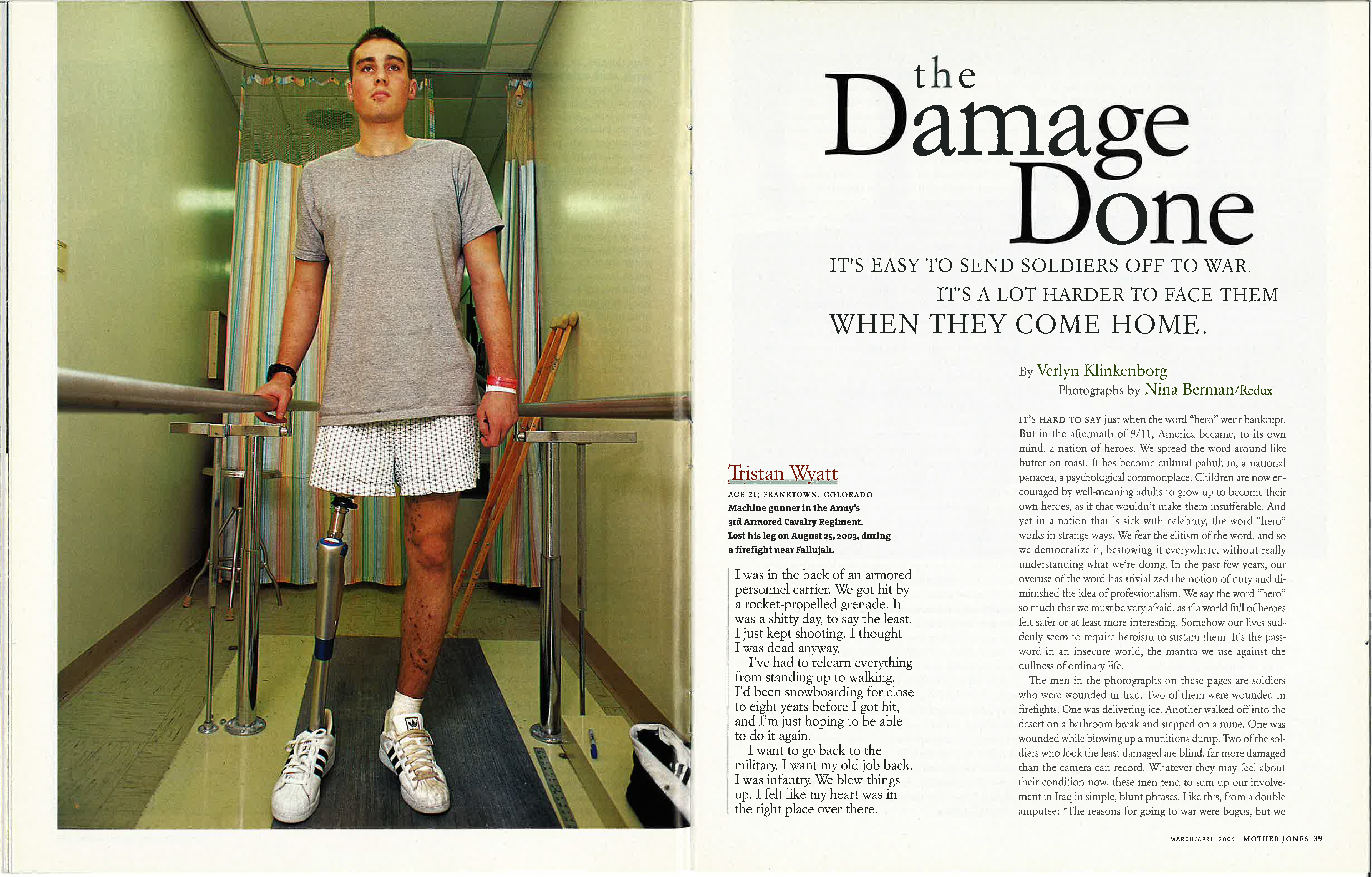 A Mother Jones magazine spread with the headline "The Damage Done" and a large photo of a young man with a prosthetic leg, who wears a gray T-shirt and patterned shorts.
