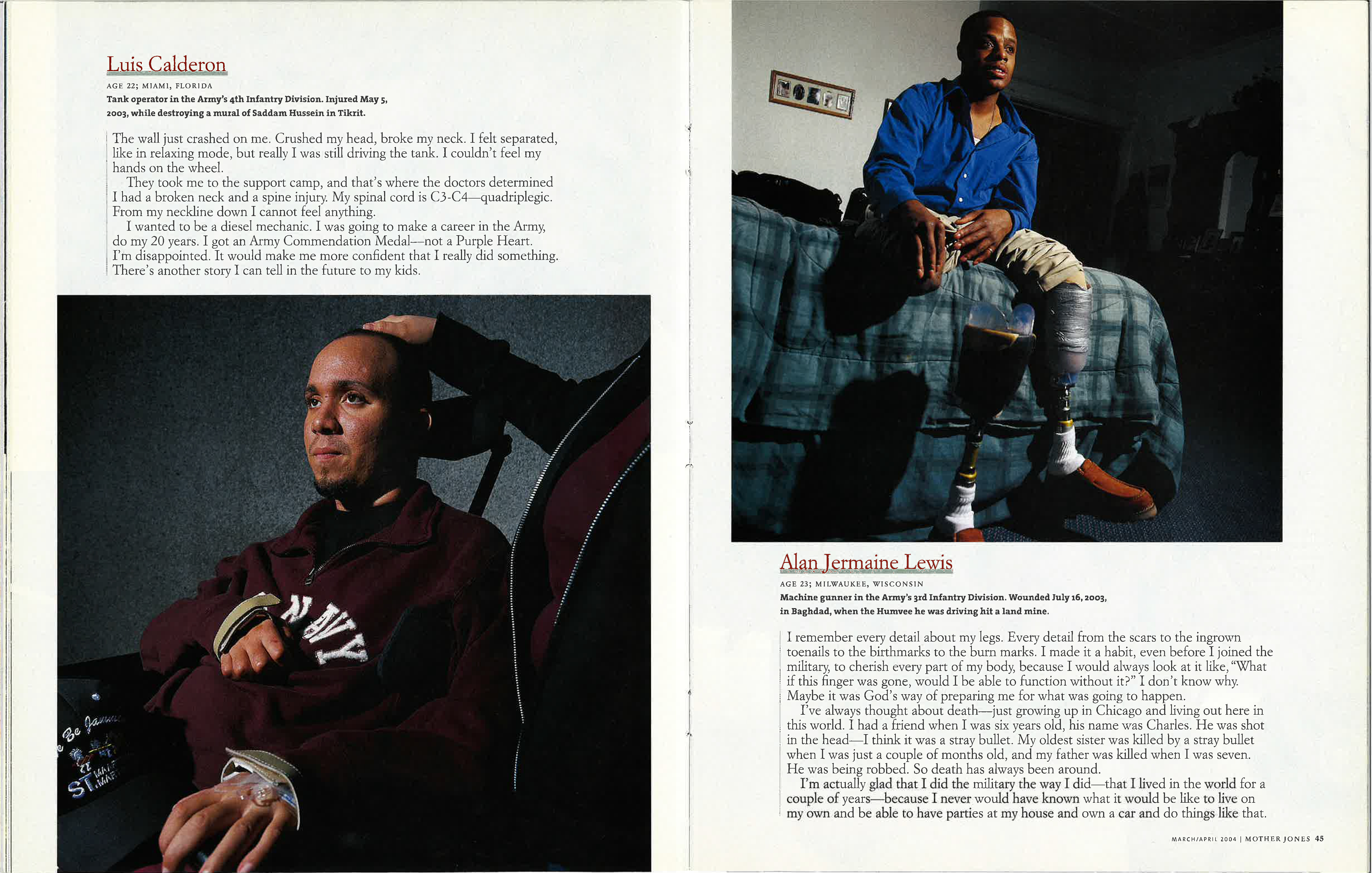 Another spread from "The Damage Done," with two photos of a man in a wheelchair and a man with two prosthetic legs from the knee down.