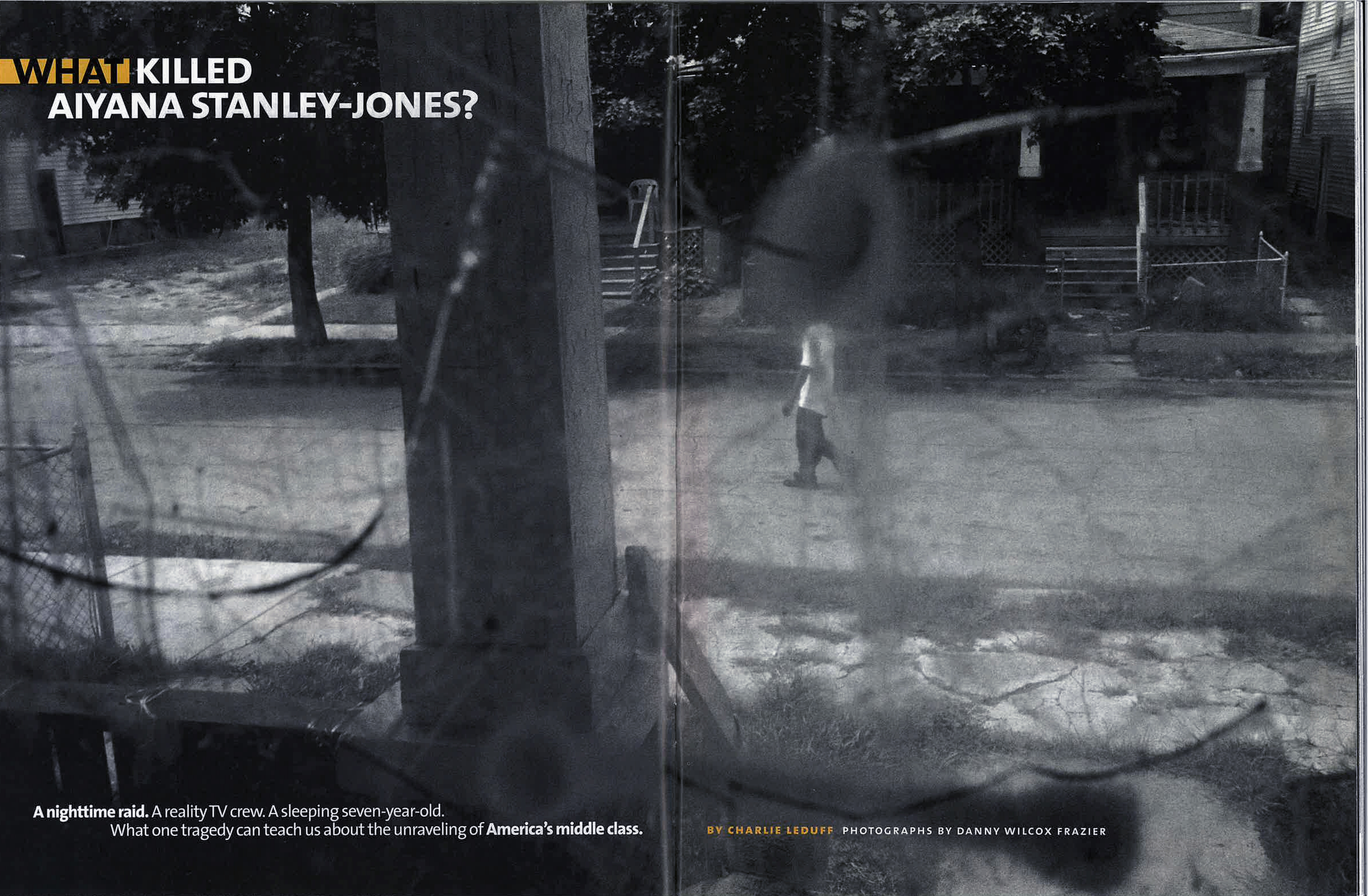 A Mother Jones magazine spread with a large black-and-white image of a man walking down a street, seen through a cracked window riddled with bullet holes. The headline reads: "What Killed Aiyana Stanley-Jones?"
