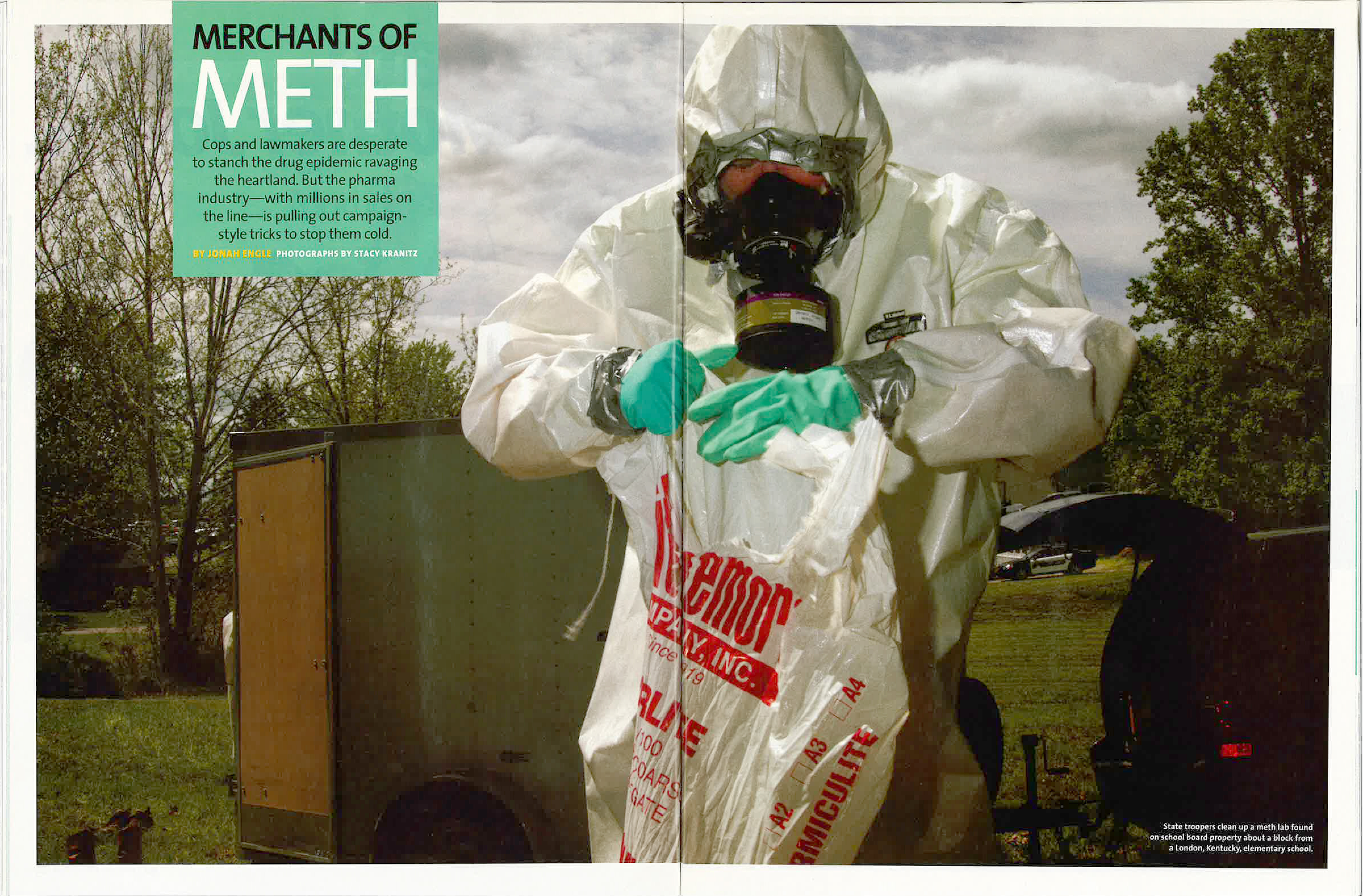A Mother Jones magazine spread with the headline "Merchants of Meth" and a large photograph of a person in a hazmat suit, carrying a plastic shopping bag.